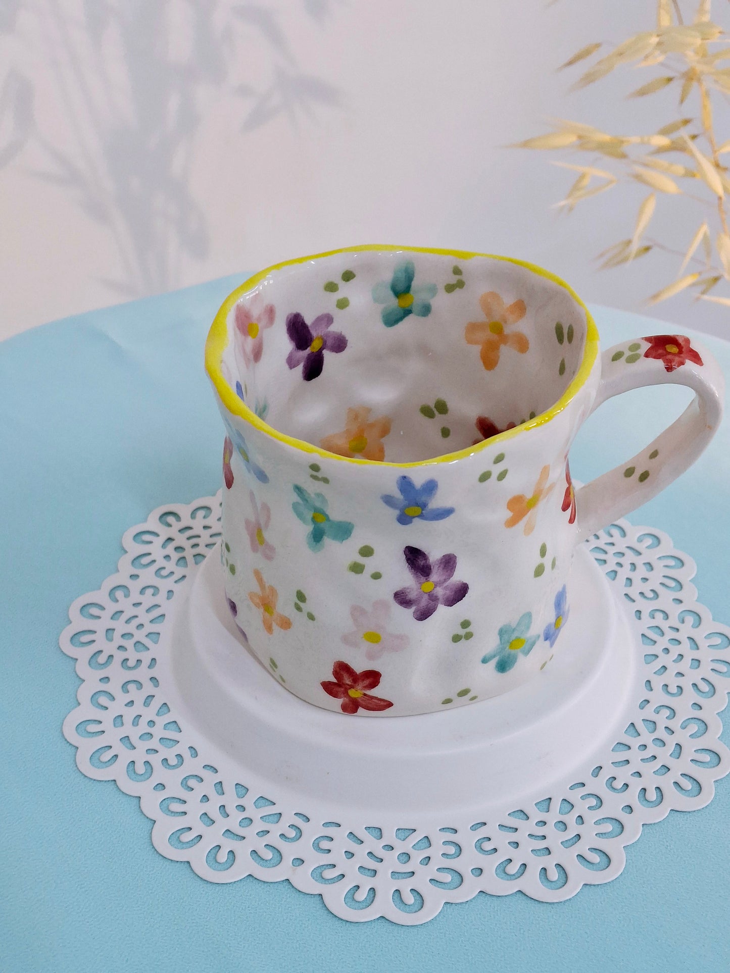 Handmade Pottery Mug . Customized Name . Colorfull Flowers