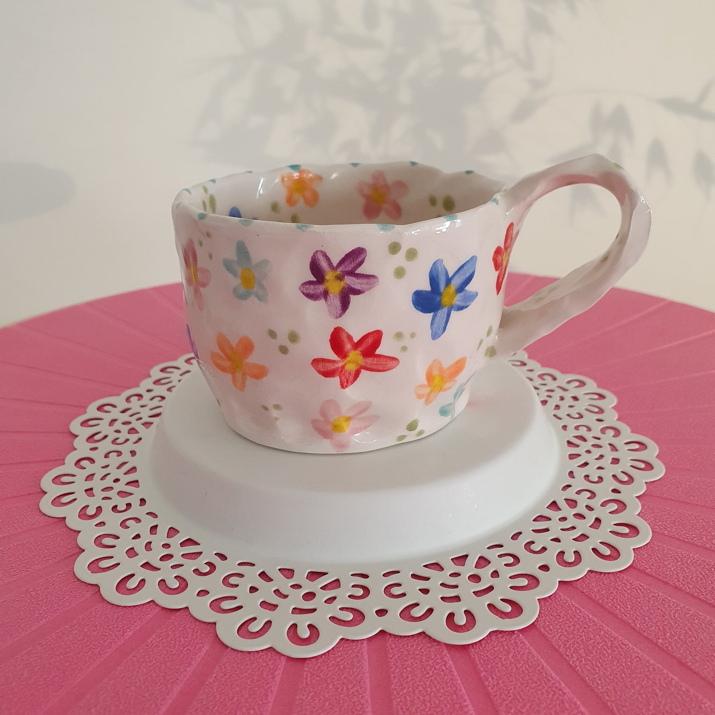 Handmade Pottery Mug .. Customized Letter .. Colorfull Flowers