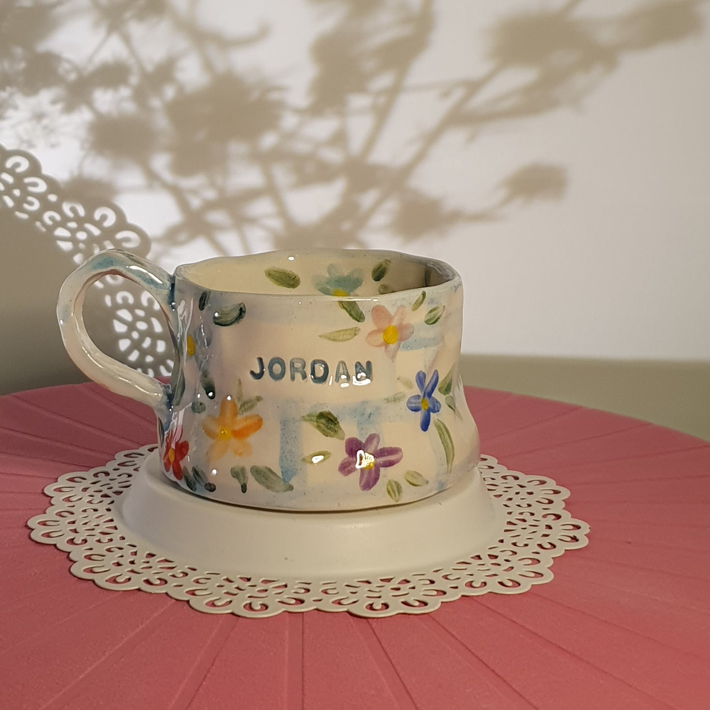 Handmade Pottery Mug . Customized Names . Blue Checks & Flowers