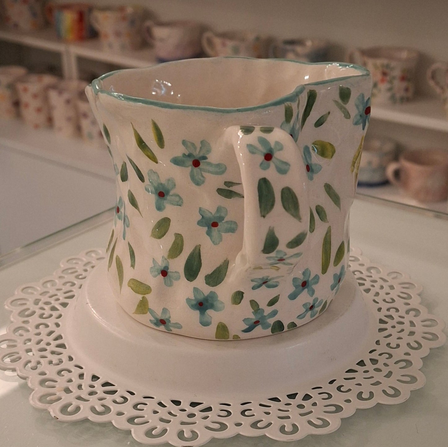 Handmade Pottery Heart Mug . Sky Blue Flowers