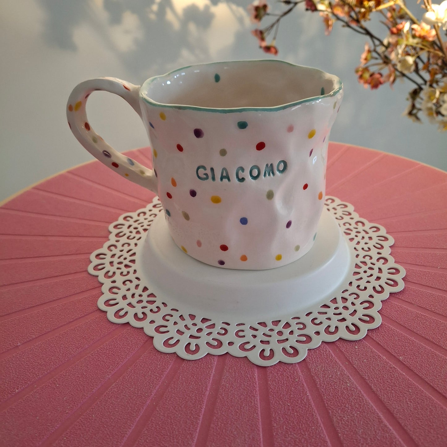 Handmade Pottery Mug . Customized Name . Dots
