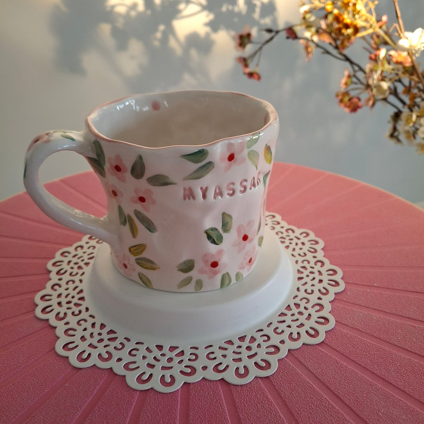 Handmade Pottery Mug . Customized Name . Pink Flowers