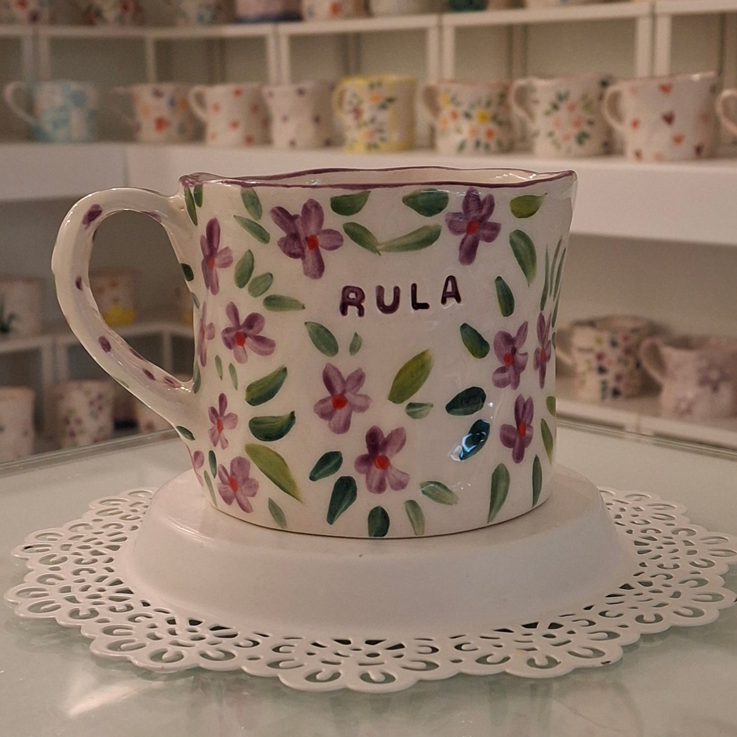 Handmade Pottery Mug . Customized Name . Purple Flowers