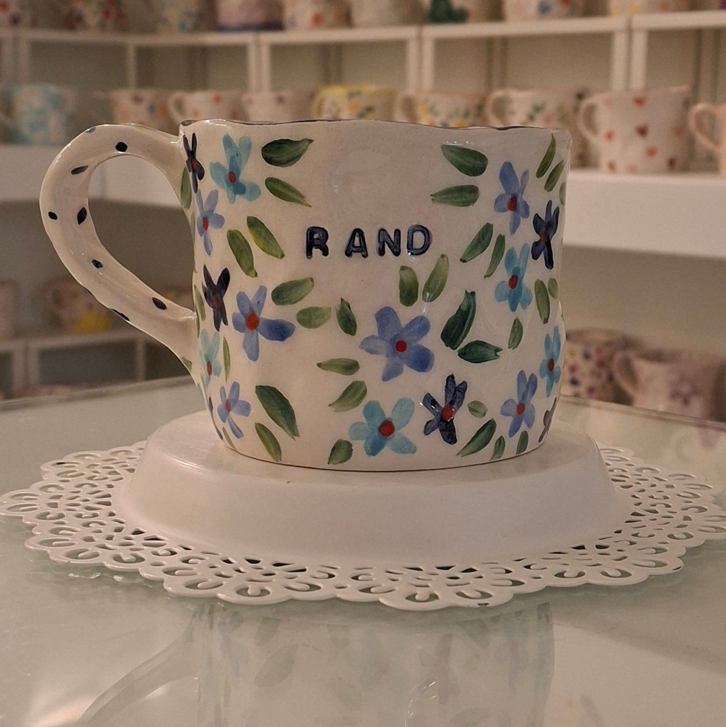 Handmade Pottery Mug . Customized Name . Blue Flowers 1