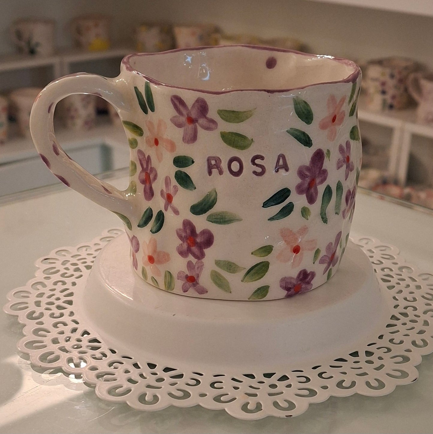 Handmade Pottery Mug . Customized Name . Purple & Pink Flowers