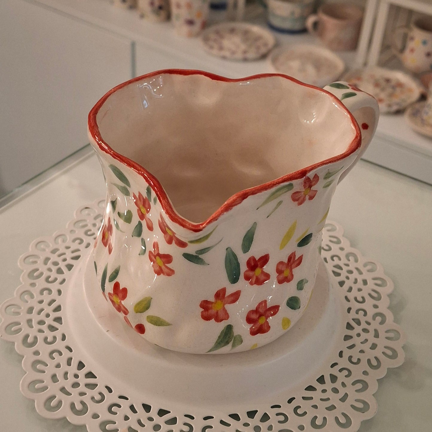 Handmade Pottery Heart Mug . Red Flowers