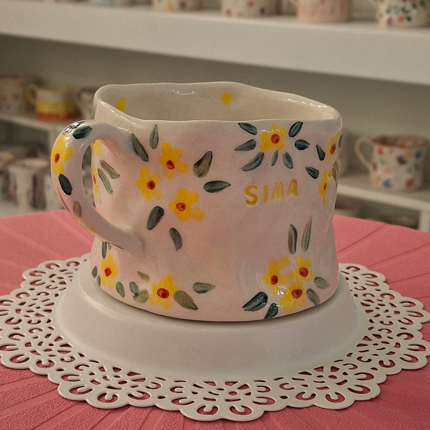Handmade Pottery Mug . Customized Name . Yellow Flowers
