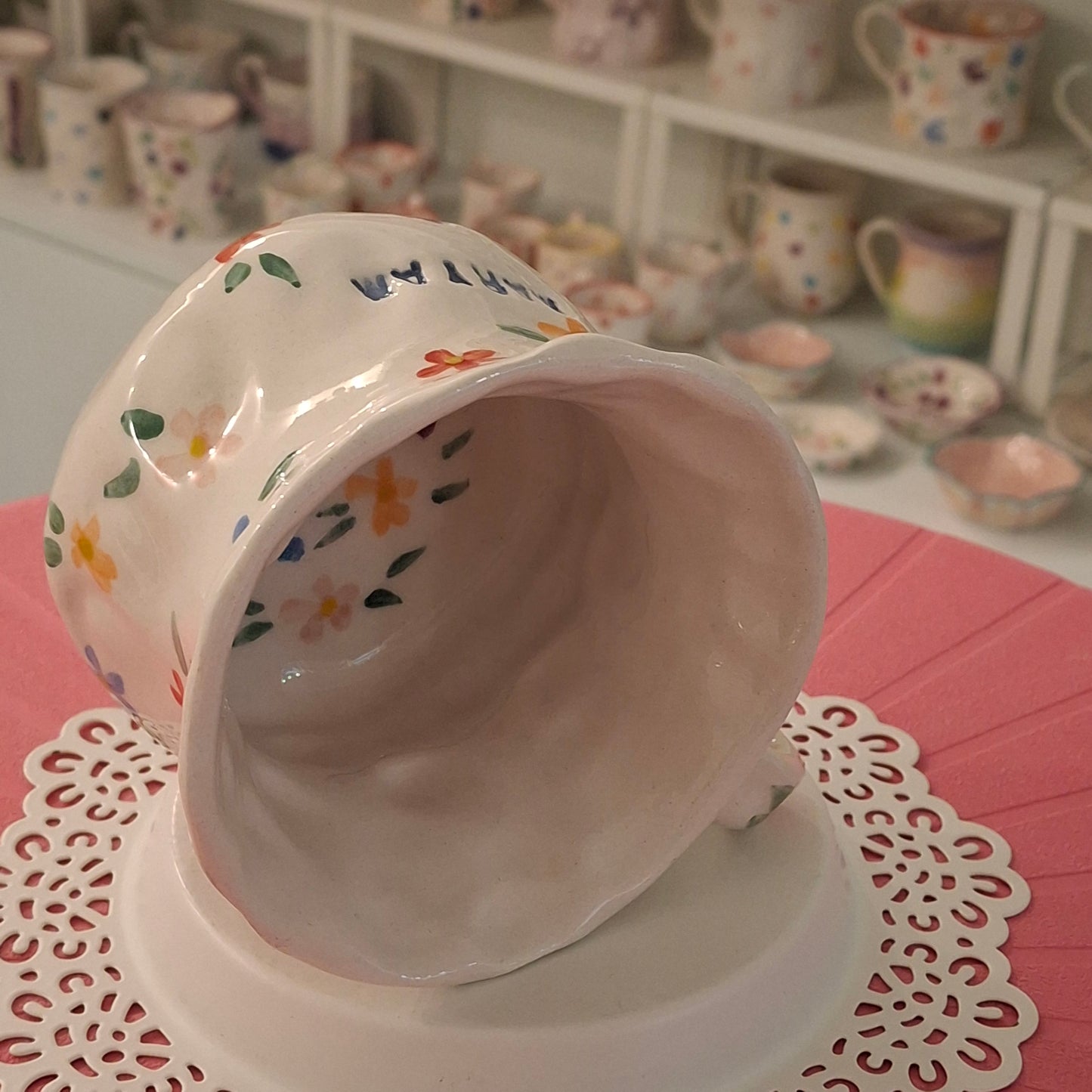 Handmade Pottery Mug . Customized Name . Simple Flowers