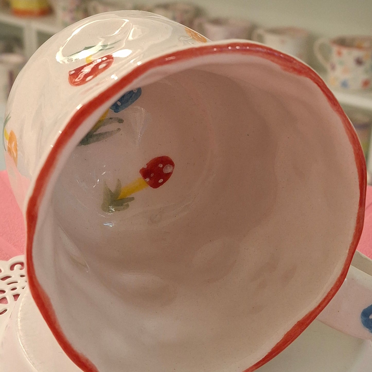 Handmade Pottery Mug . Customized Name . Coloured Mashroom