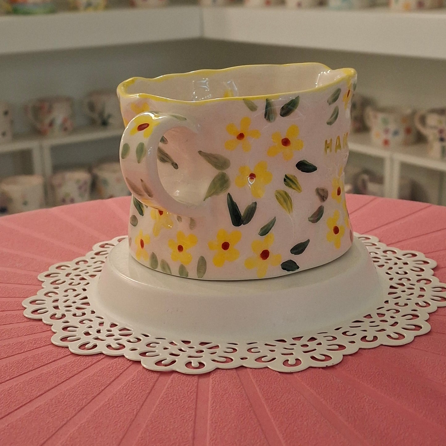 Handmade Pottery Mug . Customized Name . Yellow Flowers