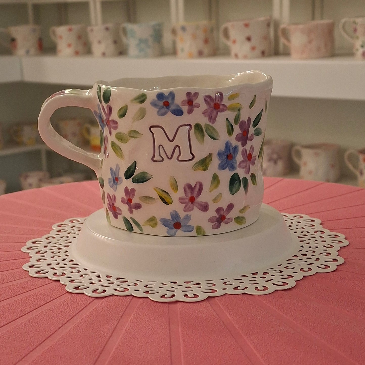 Handmade Pottery Mug .. Customized Letter .. Purple & Blue Flowers