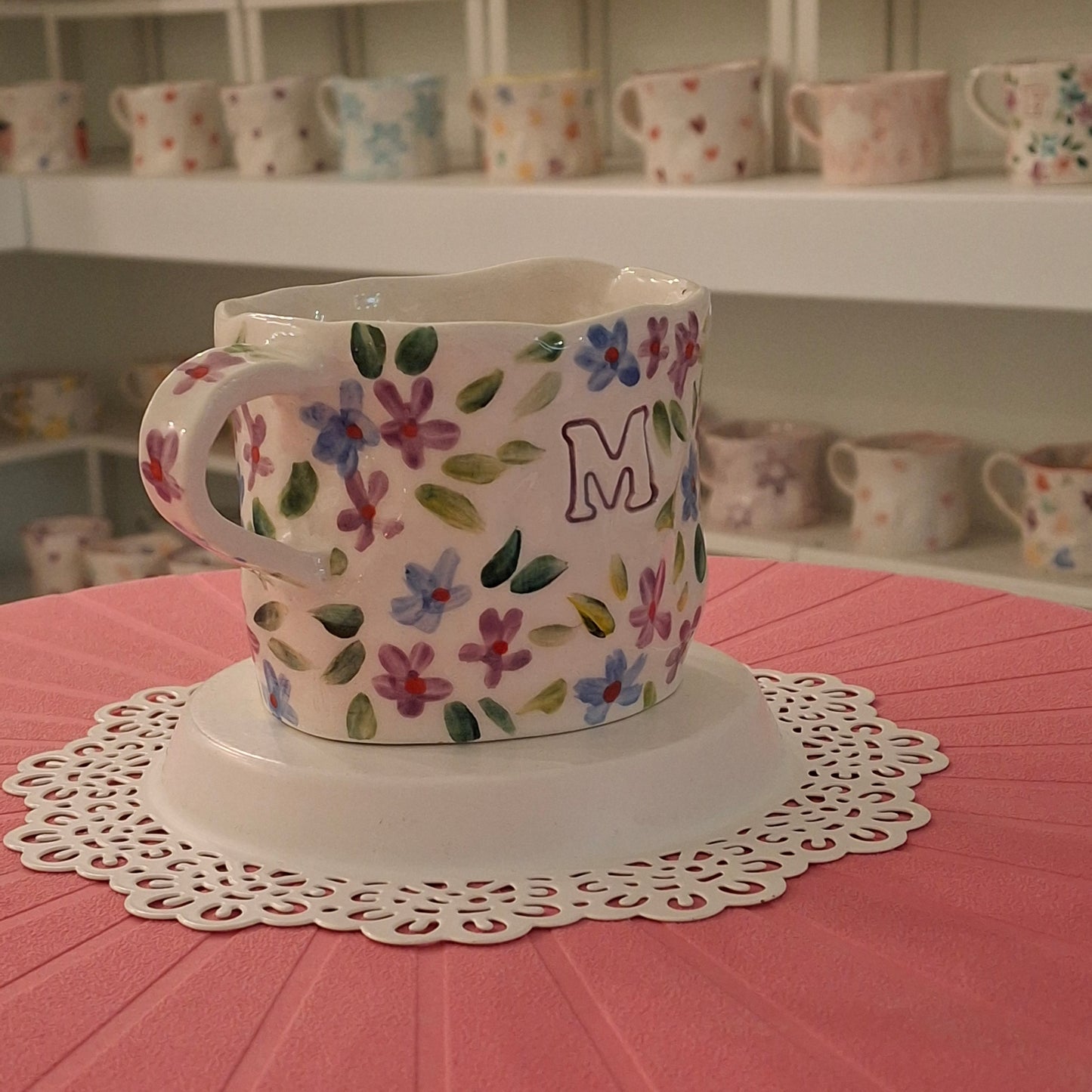Handmade Pottery Mug .. Customized Letter .. Purple & Blue Flowers