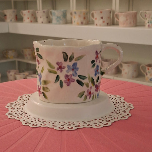 Handmade Pottery Mug .. Customized Letter .. Purple & Blue Flowers