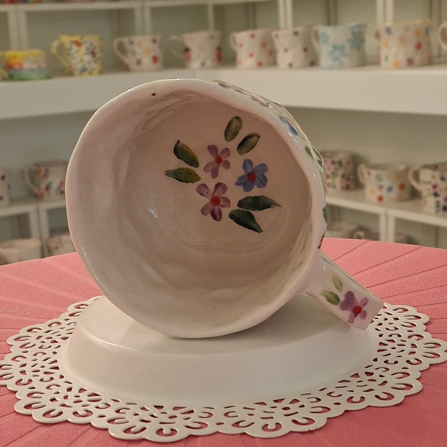 Handmade Pottery Mug .. Customized Letter .. Purple & Blue Flowers