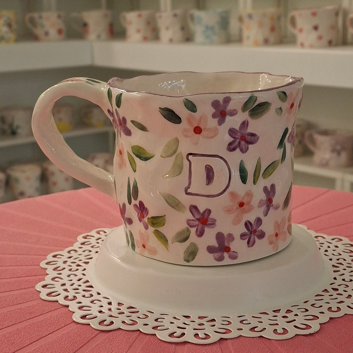 Handmade Pottery Mug .. Customized Letter .. Purple & Pink Flowers