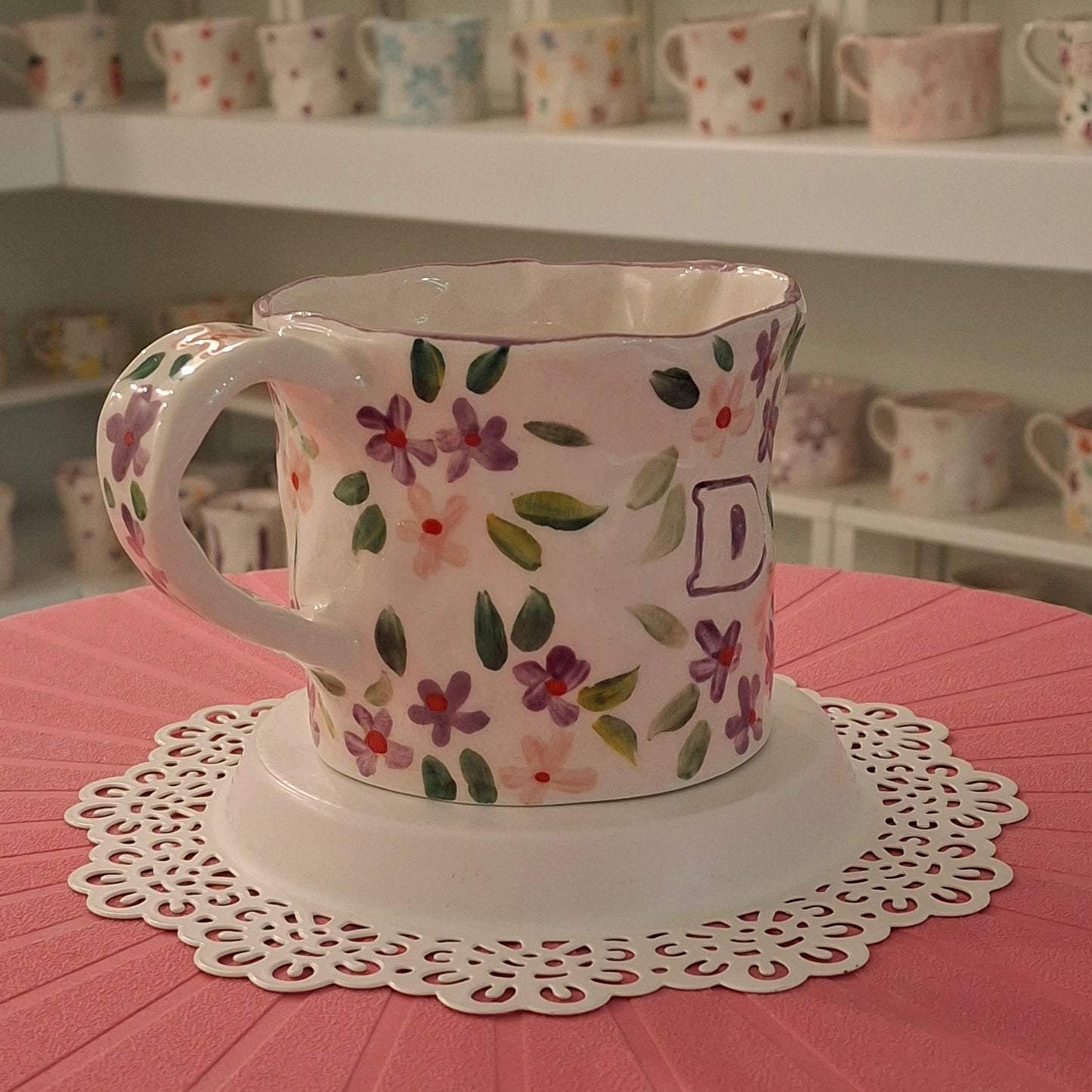 Handmade Pottery Mug .. Customized Letter .. Purple & Pink Flowers