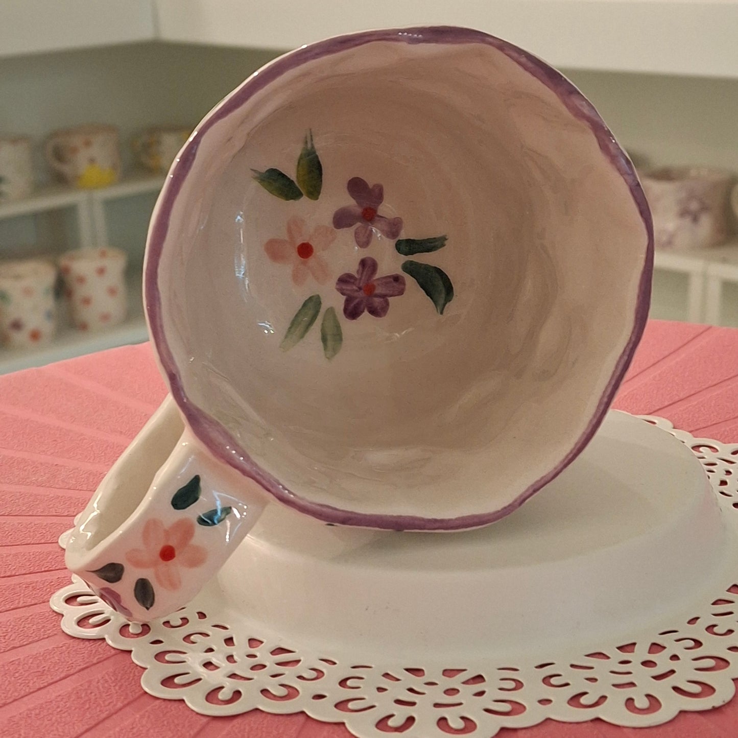 Handmade Pottery Mug .. Customized Letter .. Purple & Pink Flowers