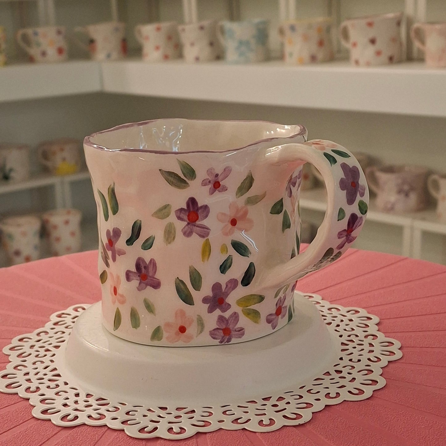 Handmade Pottery Mug .. Customized Letter .. Purple & Pink Flowers