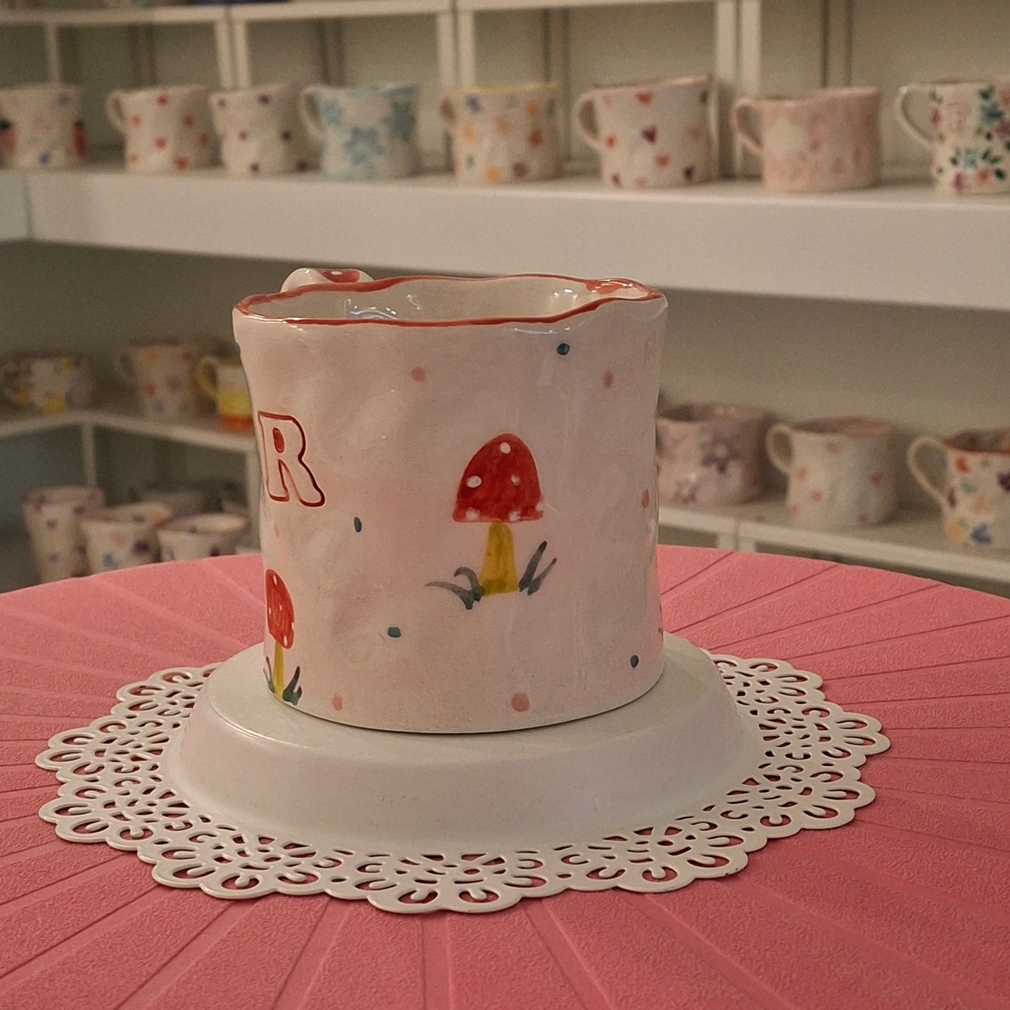 Handmade Pottery Mug .. Customized Letter .. Red Mashroom