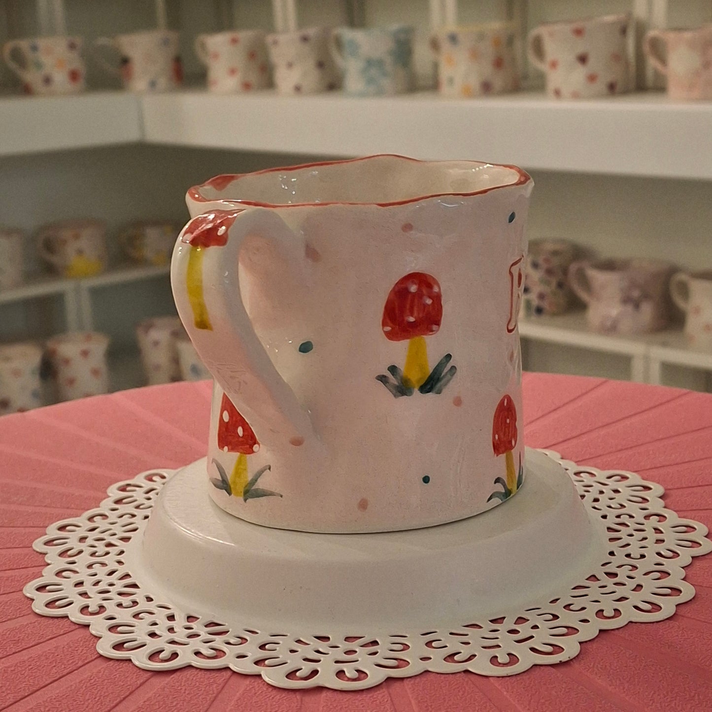 Handmade Pottery Mug .. Customized Letter .. Red Mashroom