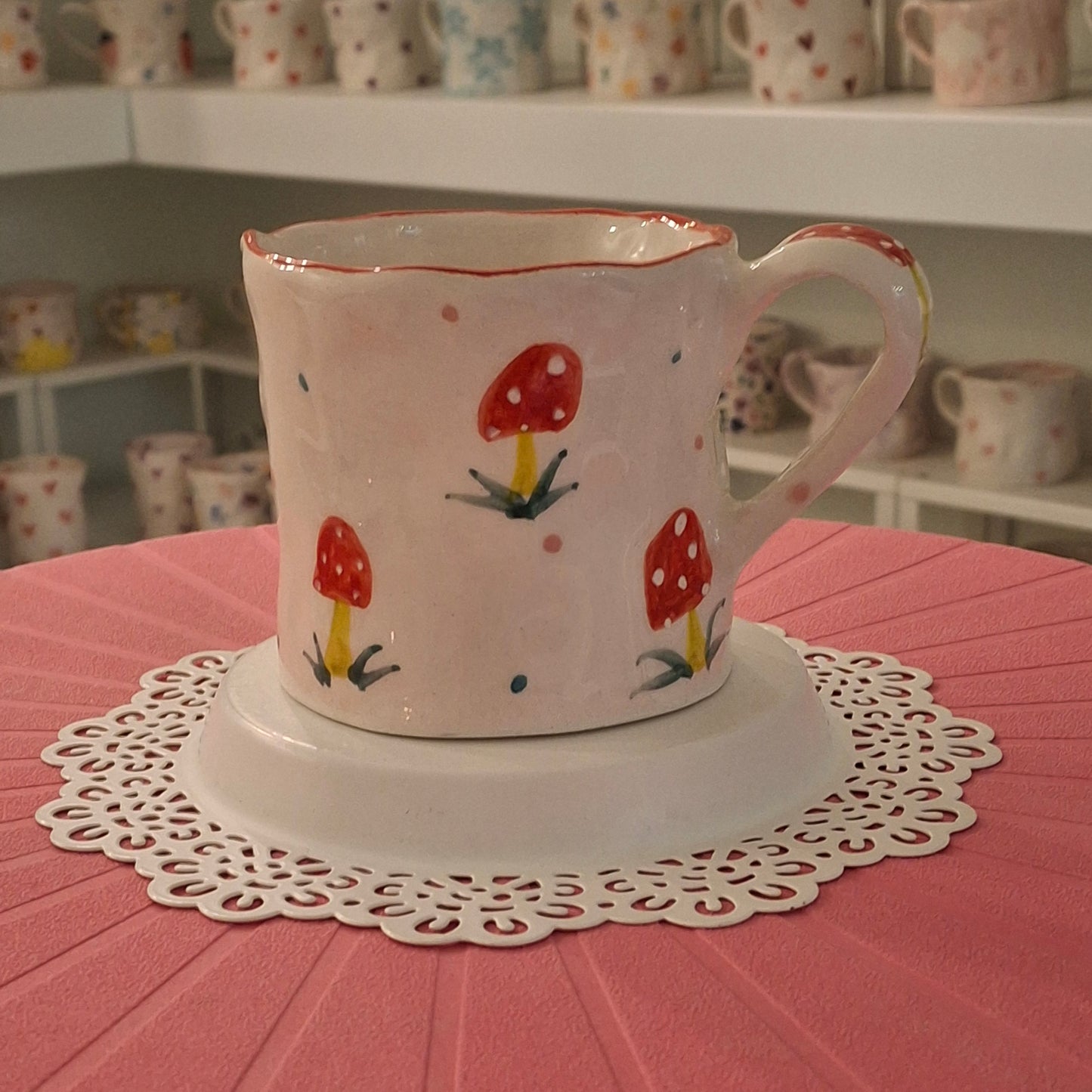 Handmade Pottery Mug .. Customized Letter .. Red Mashroom