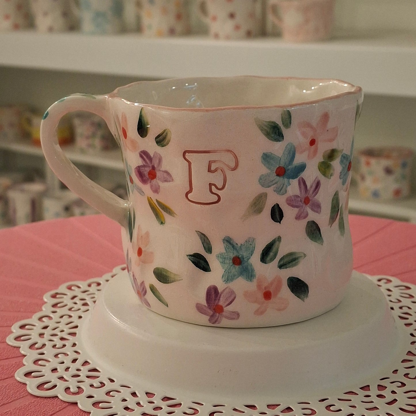 Handmade Pottery Mug .. Customized Letter .. Pink, Purple & Sky Blue Flowers