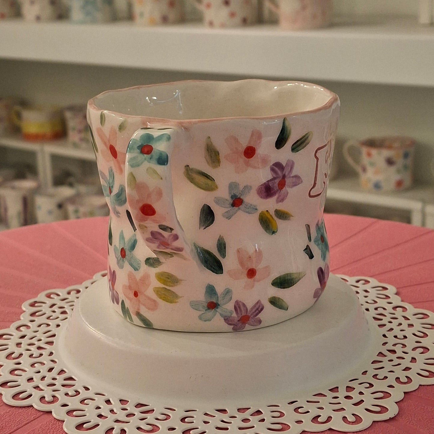 Handmade Pottery Mug .. Customized Letter .. Pink, Purple & Sky Blue Flowers