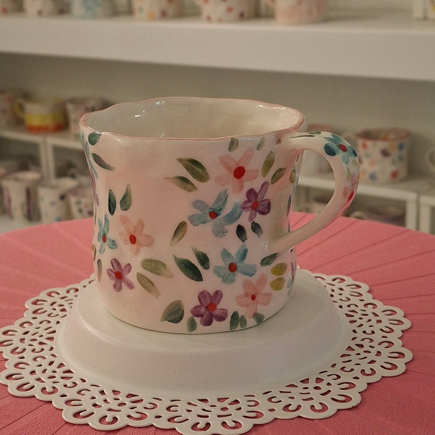 Handmade Pottery Mug .. Customized Letter .. Pink, Purple & Sky Blue Flowers