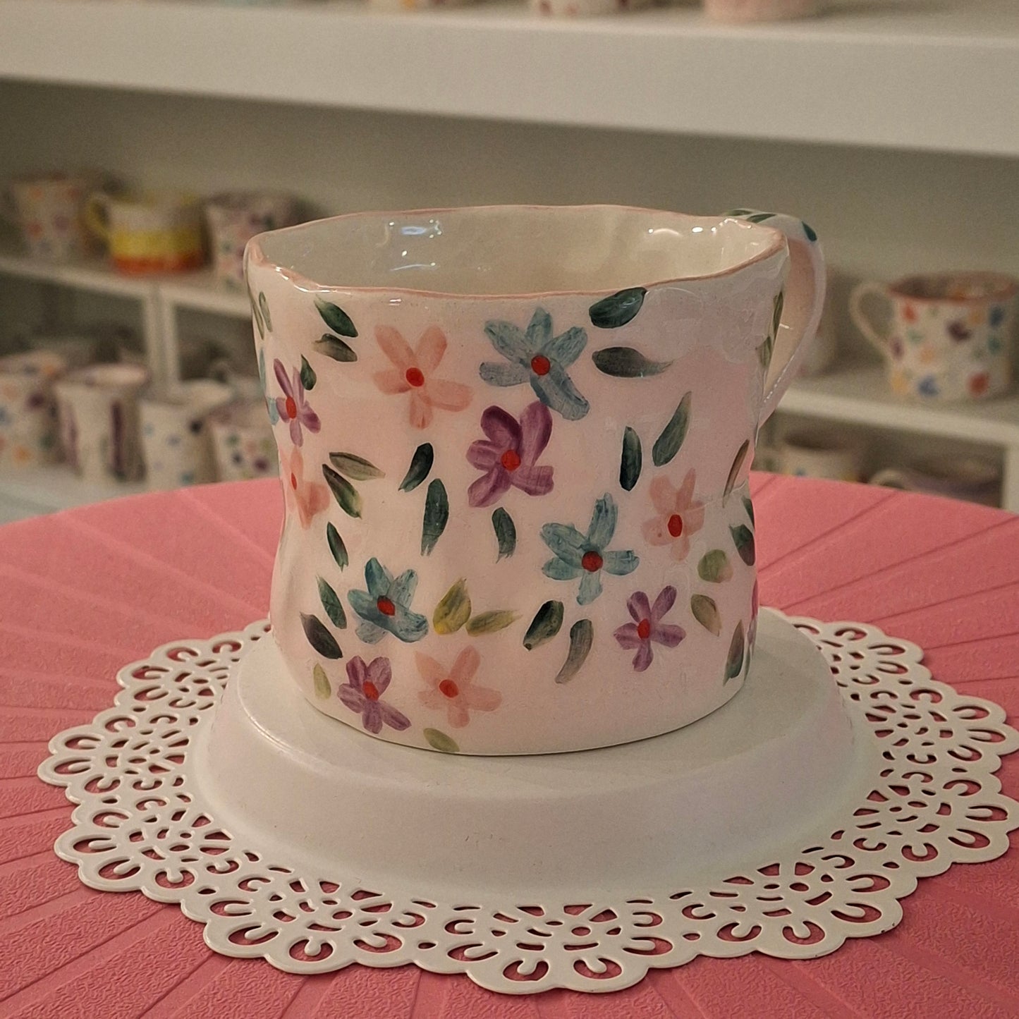 Handmade Pottery Mug .. Customized Letter .. Pink, Purple & Sky Blue Flowers