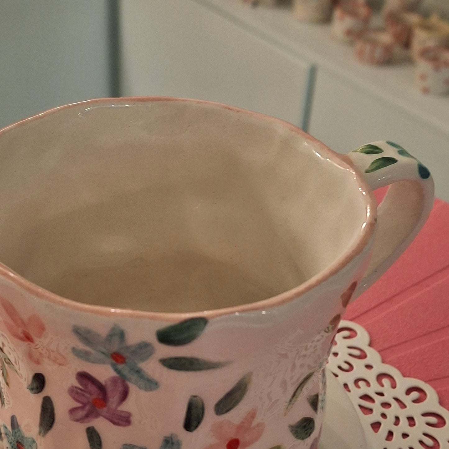 Handmade Pottery Mug .. Customized Letter .. Pink, Purple & Sky Blue Flowers