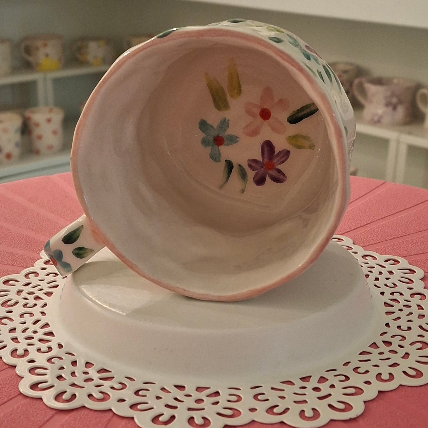 Handmade Pottery Mug .. Customized Letter .. Pink, Purple & Sky Blue Flowers