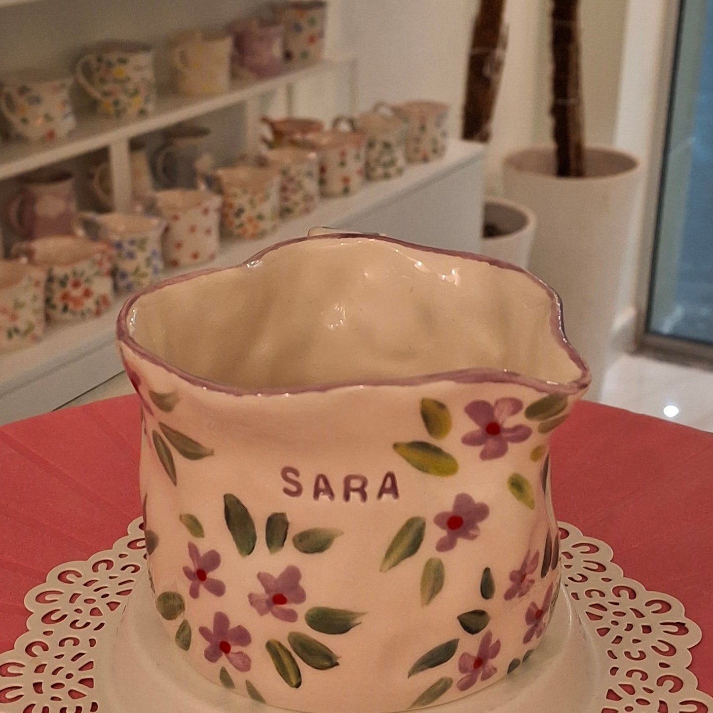 Handmade Pottery Heart Name Mug . Light Purple Flowers