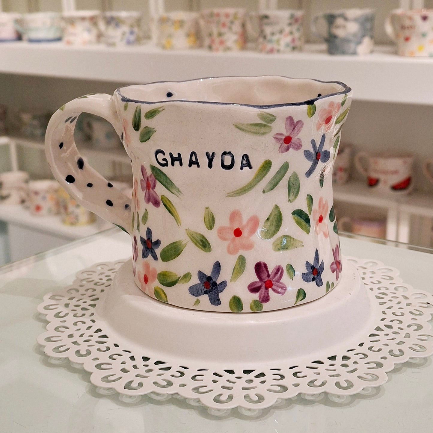 Handmade Pottery Mug . Customized Name . Dark Blue, Purple & Pink Flowers