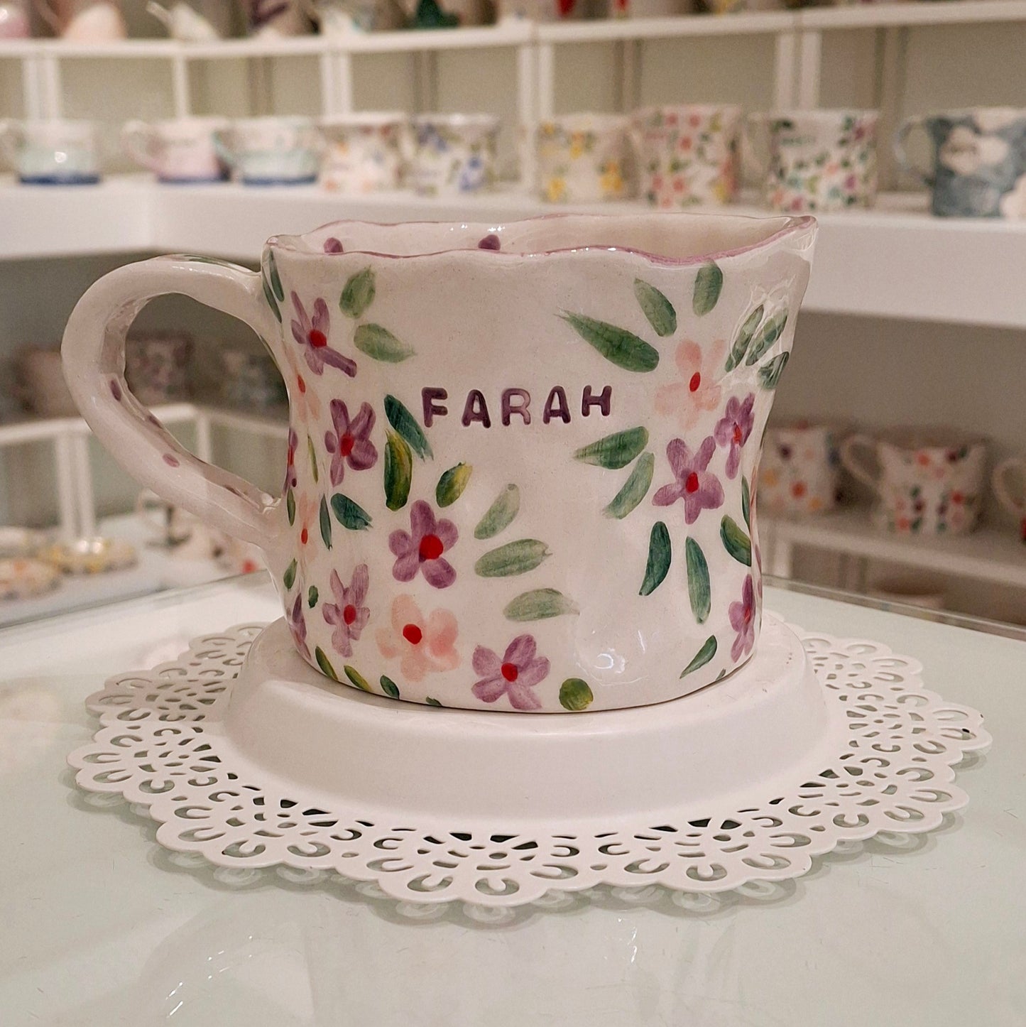 Handmade Pottery Mug . Customized Name . Blue Flowers 2 (Copy)