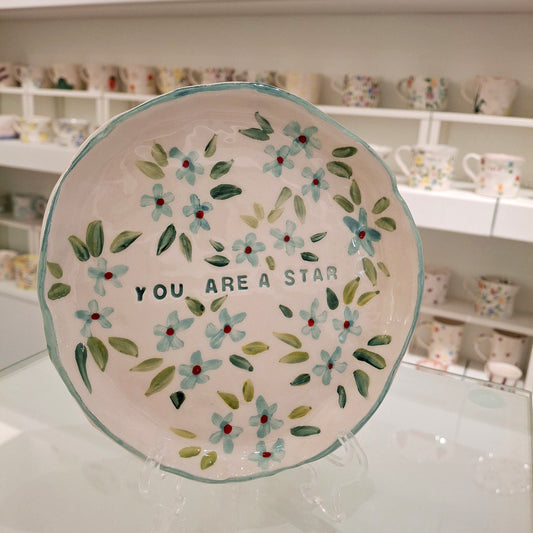 Handmade Pottery Plate .. Sky Blue Flowers