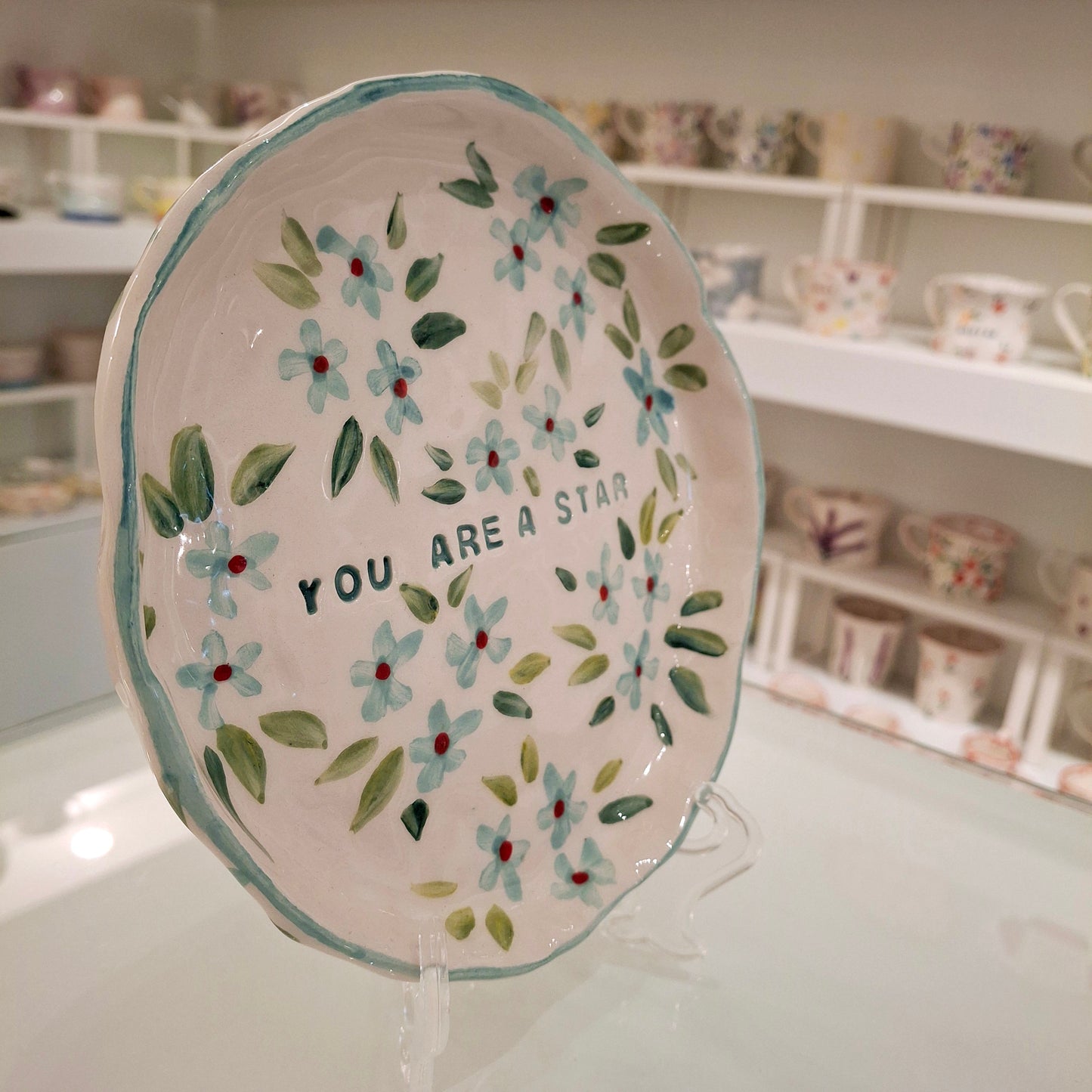 Handmade Pottery Plate .. Sky Blue Flowers