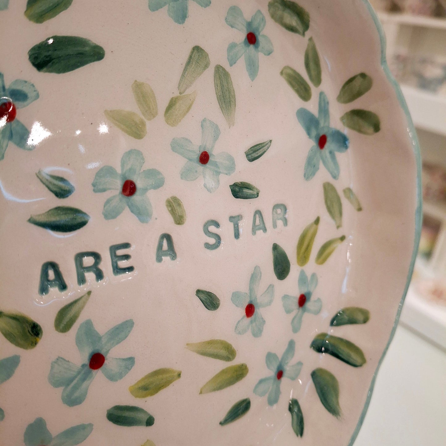 Handmade Pottery Plate .. Sky Blue Flowers