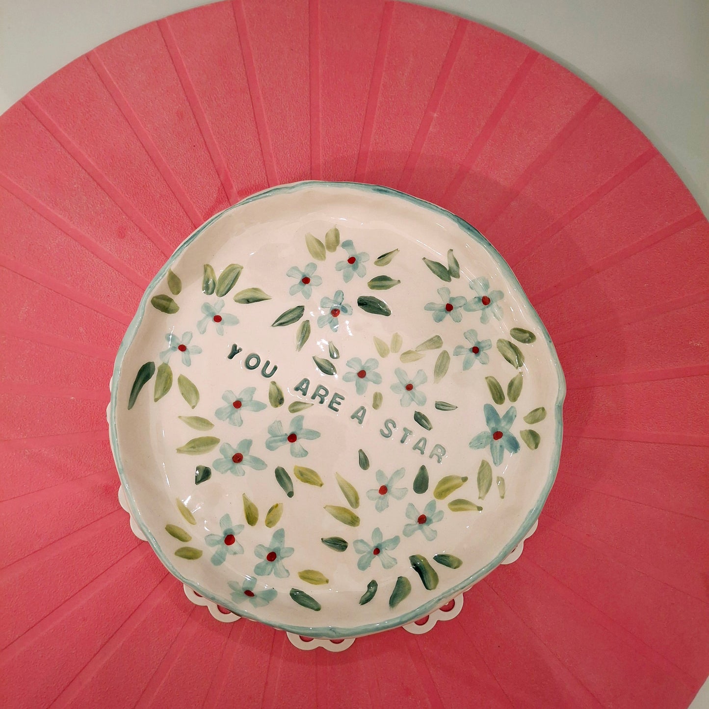 Handmade Pottery Plate .. Sky Blue Flowers