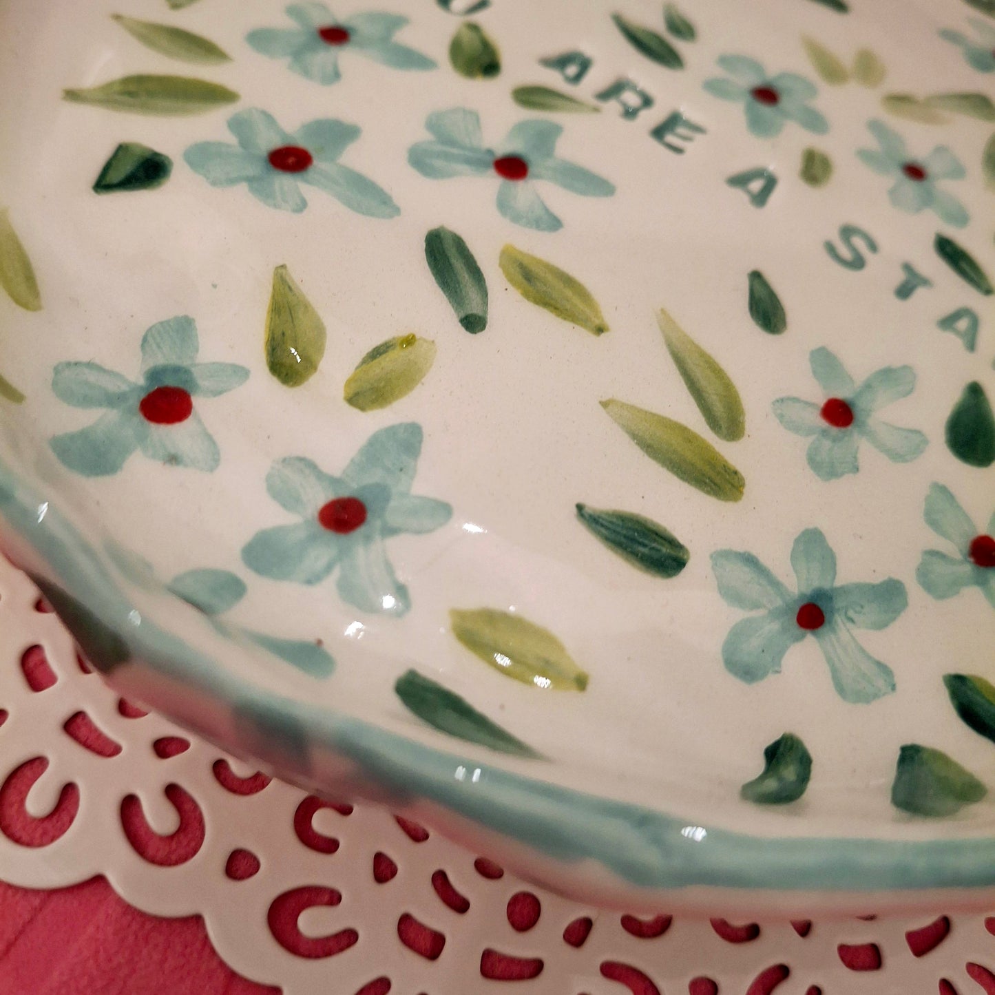 Handmade Pottery Plate .. Sky Blue Flowers