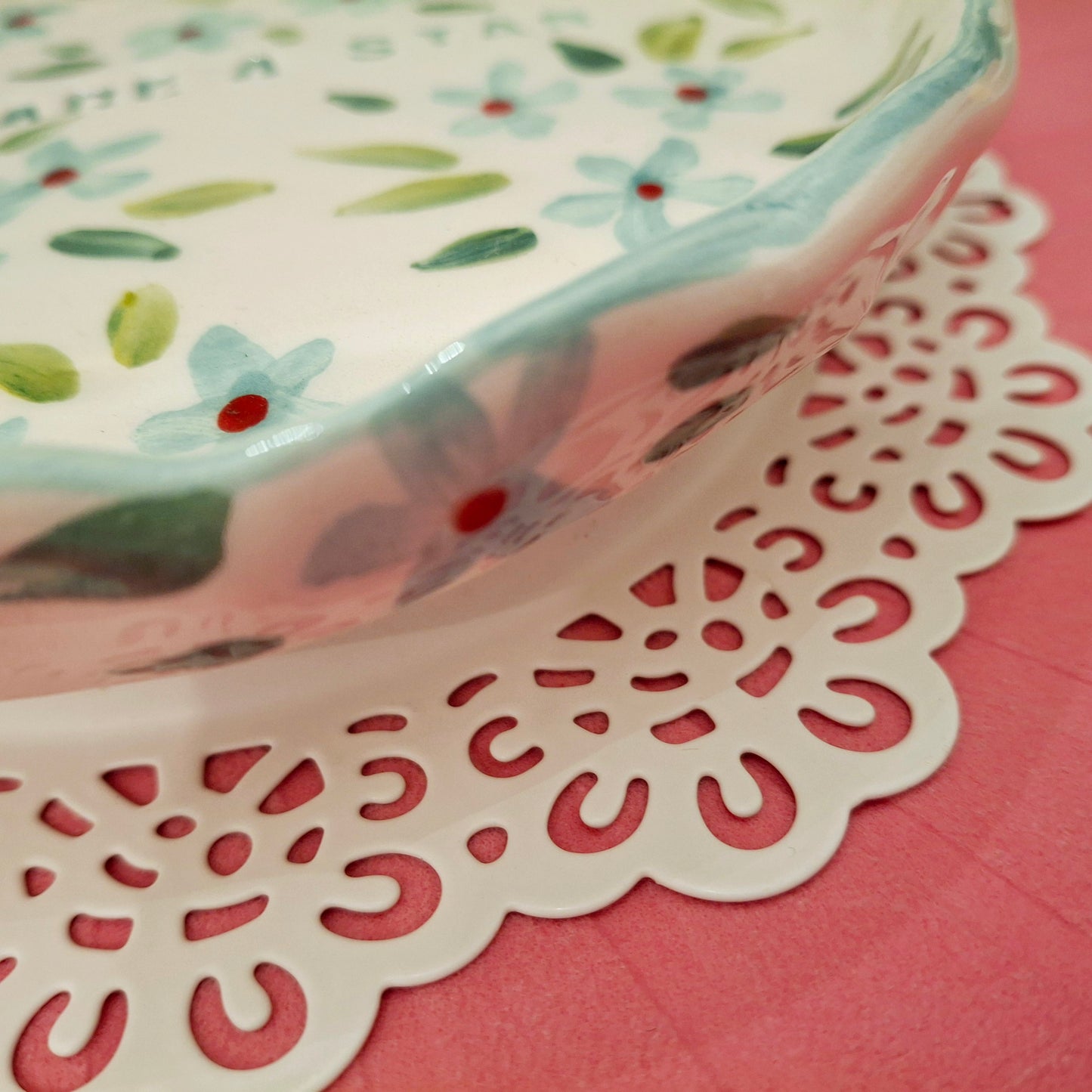 Handmade Pottery Plate .. Sky Blue Flowers
