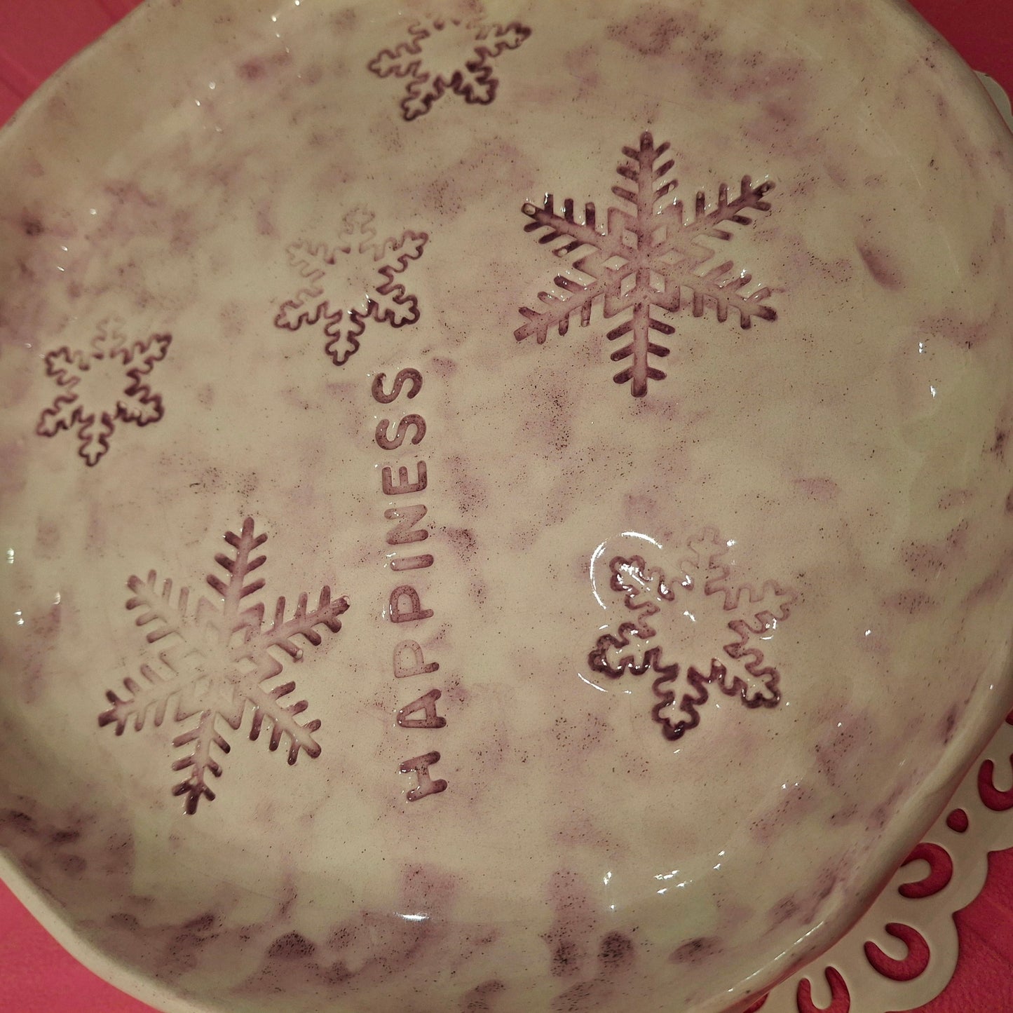 Handmade Pottery Plate .. Purple Snow Flakes