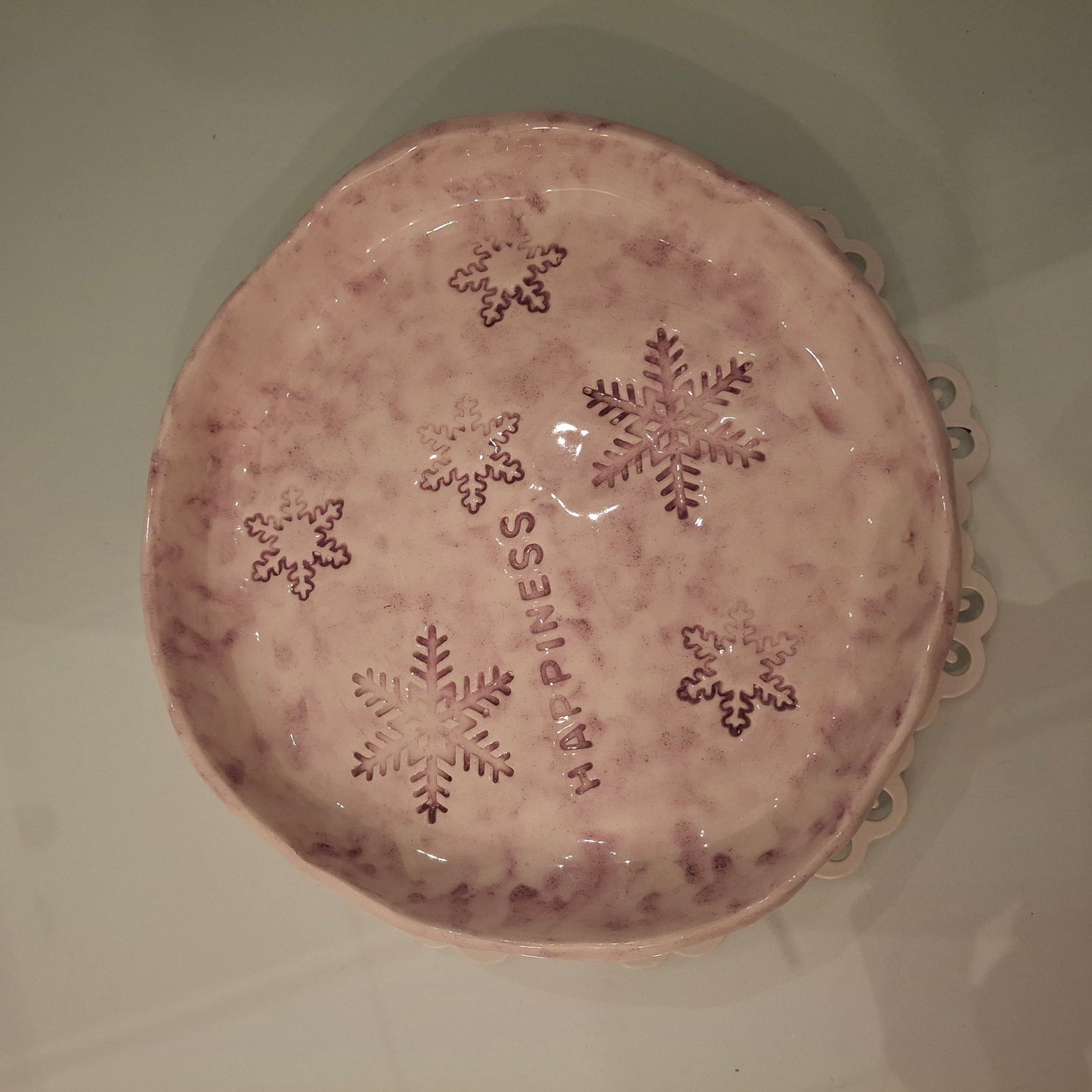 Handmade Pottery Plate .. Purple Snow Flakes