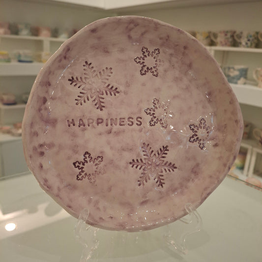 Handmade Pottery Plate .. Purple Snow Flakes