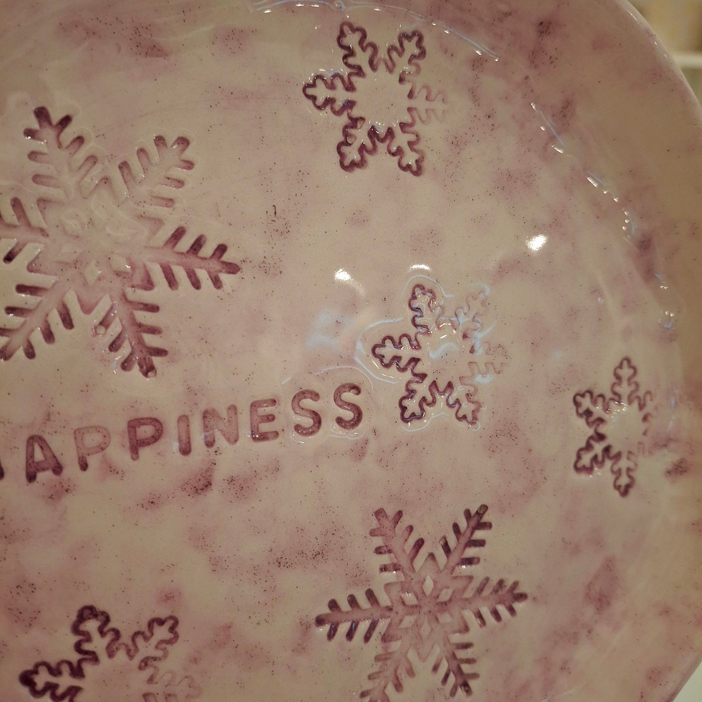 Handmade Pottery Plate .. Purple Snow Flakes