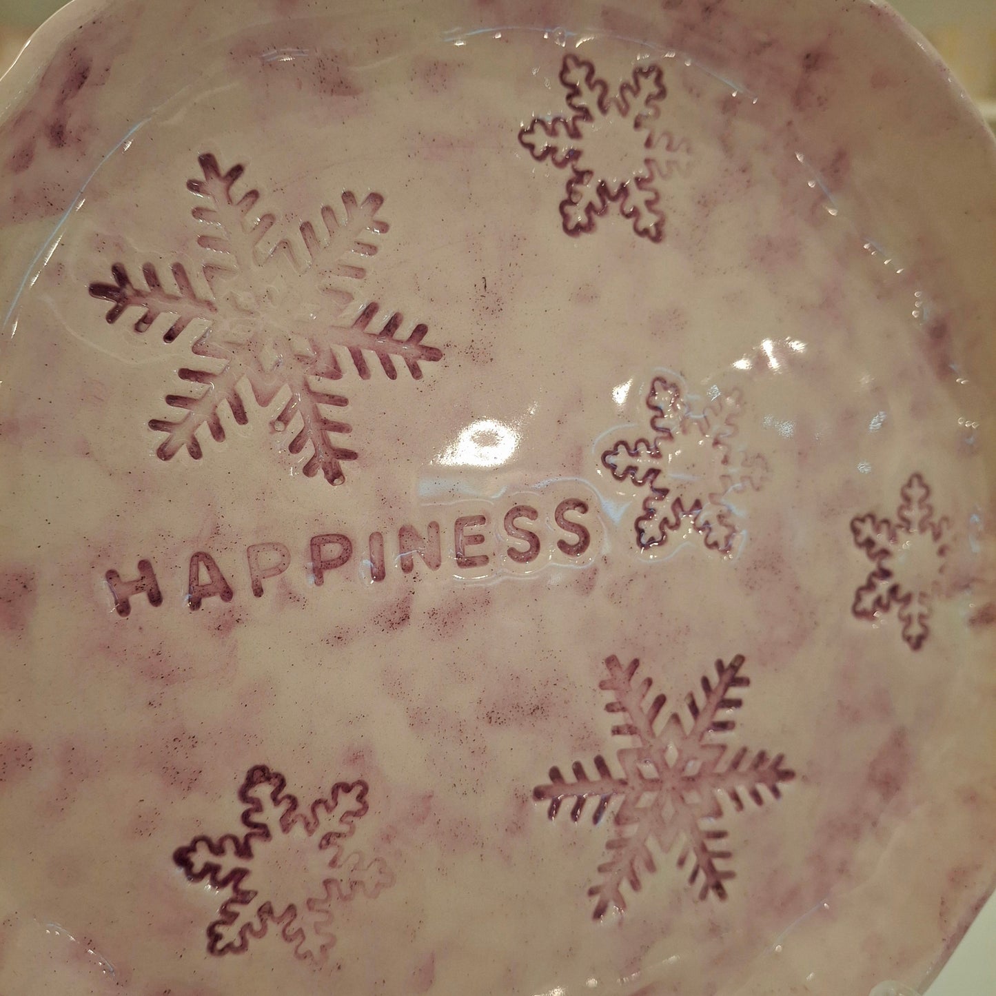 Handmade Pottery Plate .. Purple Snow Flakes