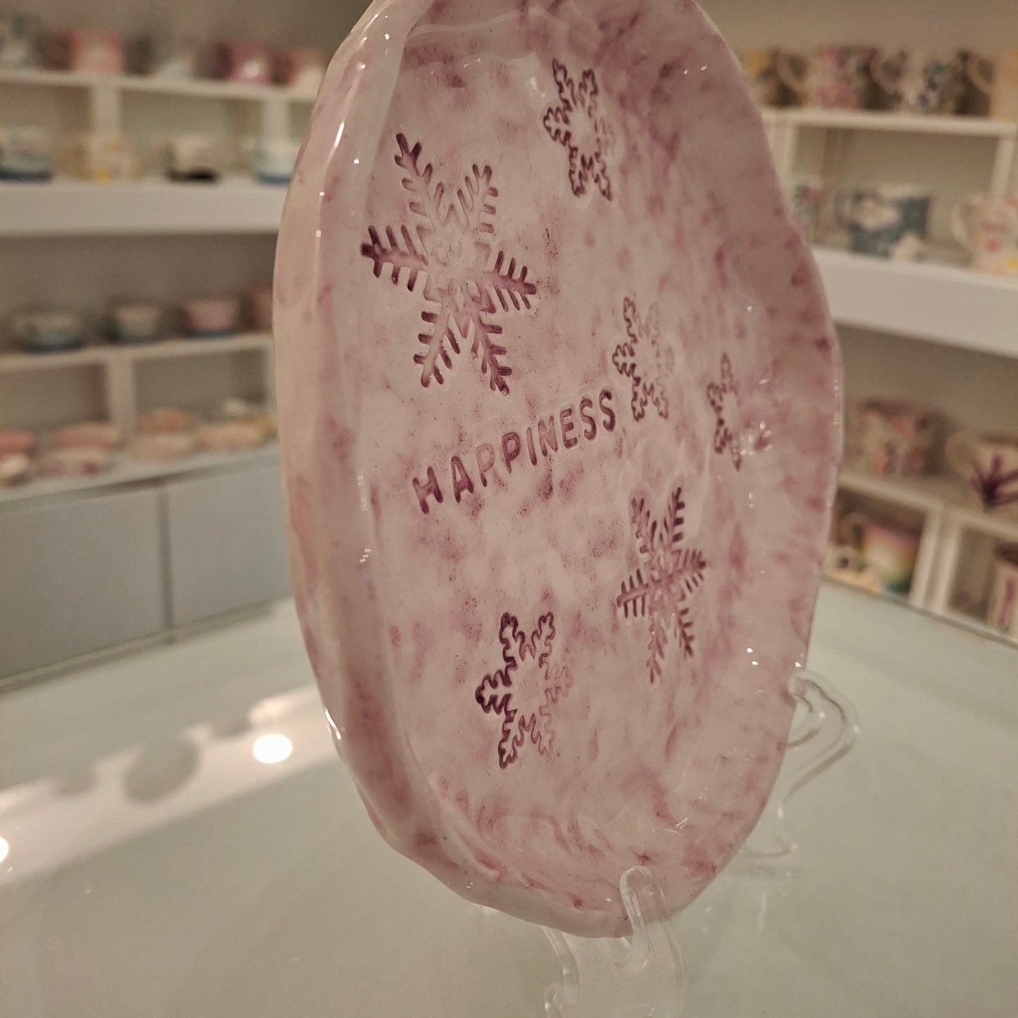 Handmade Pottery Plate .. Purple Snow Flakes