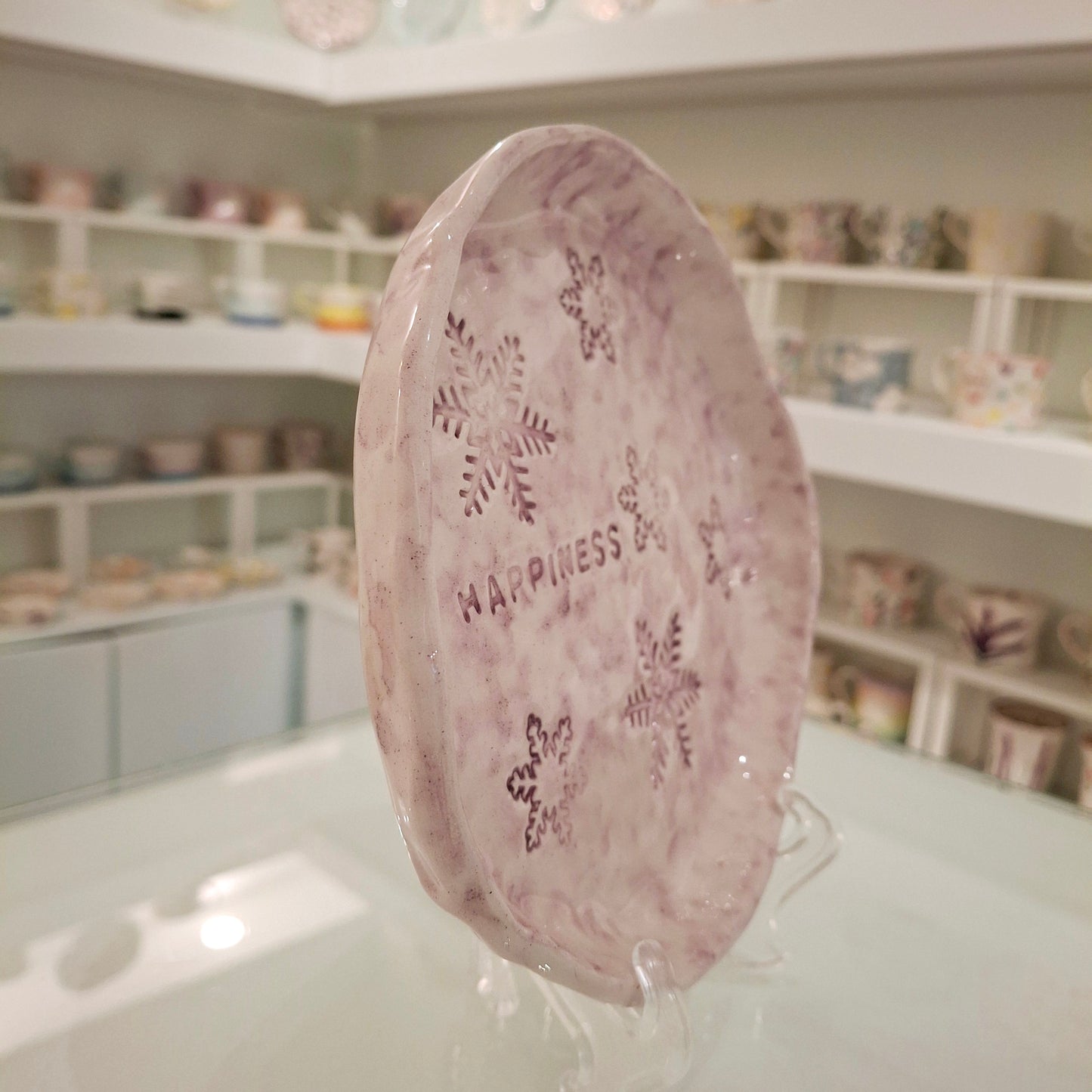 Handmade Pottery Plate .. Purple Snow Flakes
