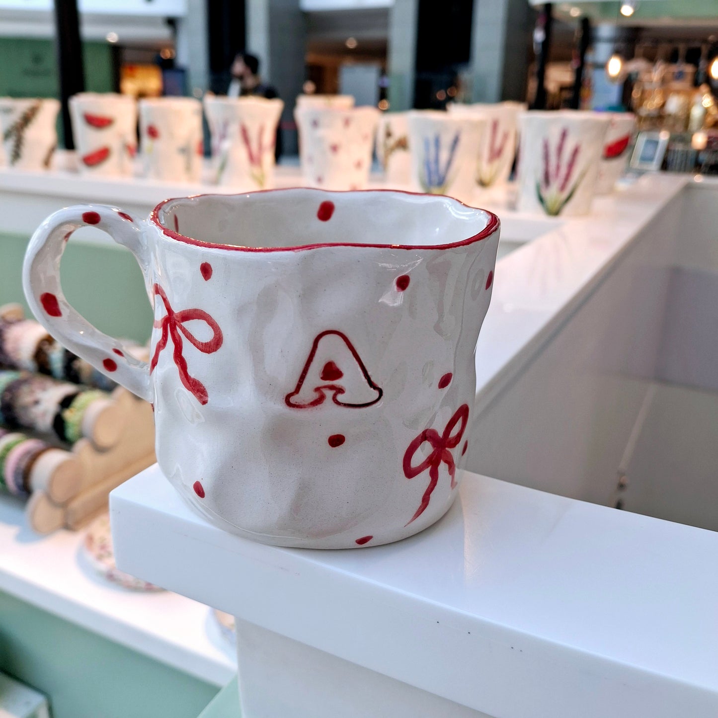 Handmade Pottery Mug .. Customized Letter .. Red Bow
