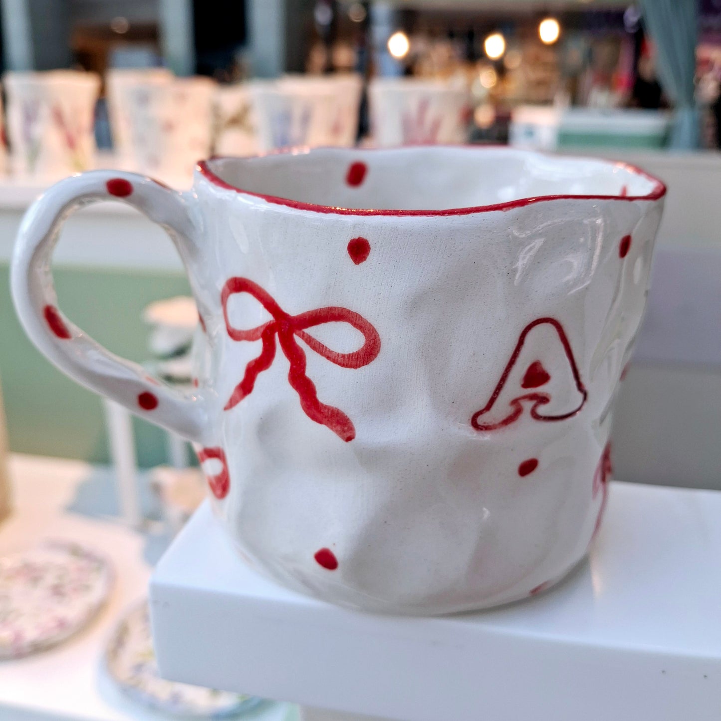 Handmade Pottery Mug .. Customized Letter .. Red Bow