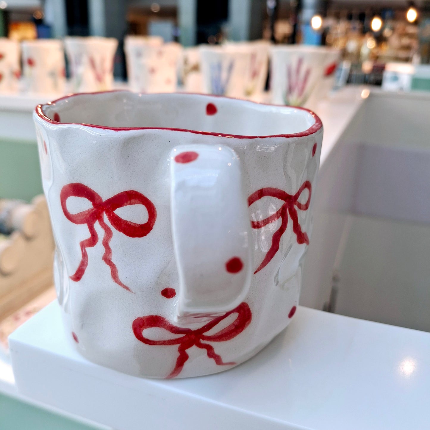 Handmade Pottery Mug .. Customized Letter .. Red Bow